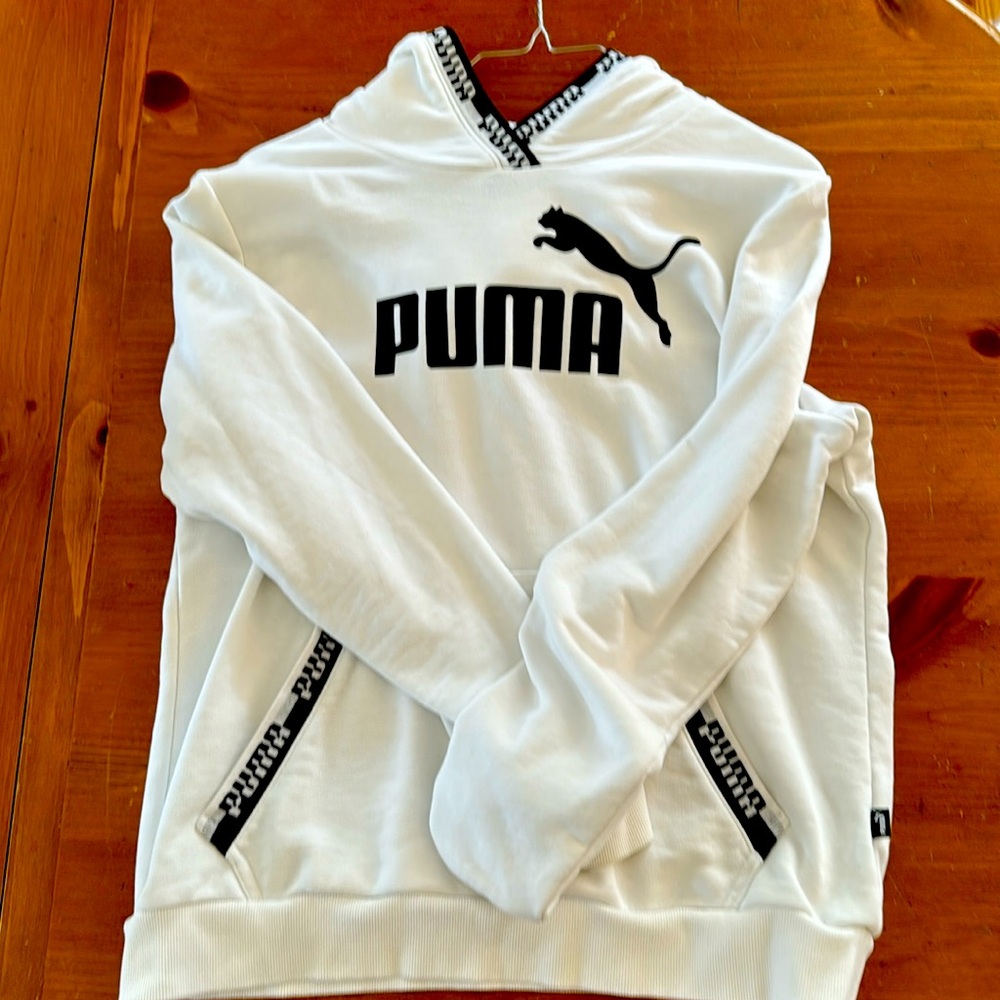 White and Black Puma Hoodie with logo. Part of the Forever Better Collection.